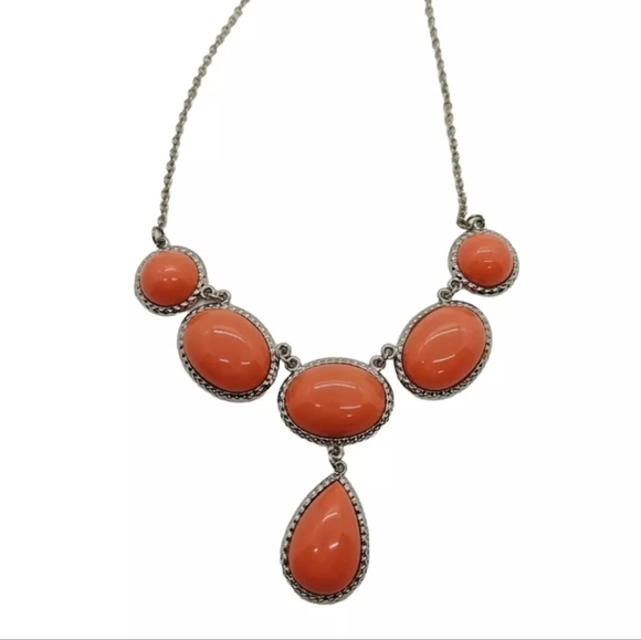 Women's Necklace Orange Tear Drop Oval Silver Tone Lucid Bubble Statement - Picture 4 of 6
